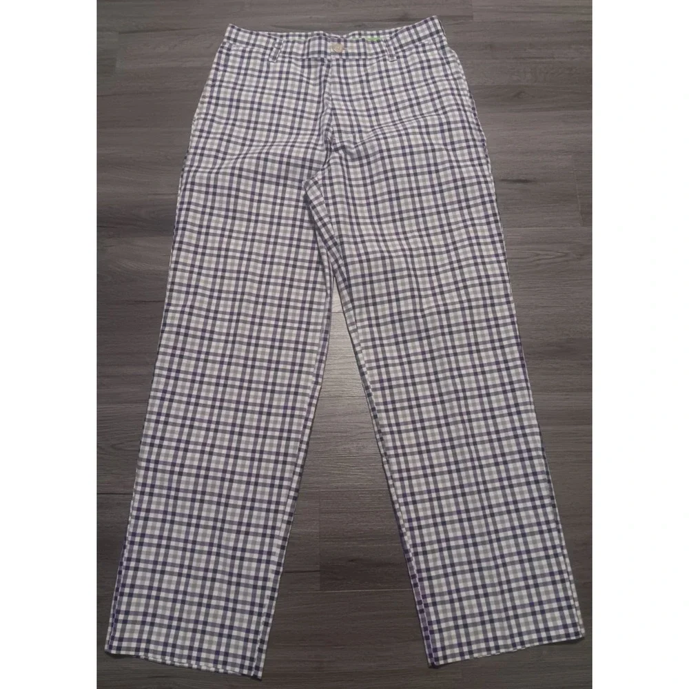 Izod Men's Black Purple Gray Gingham Plaid Golf Pants Size 32x32 Actual 32x31